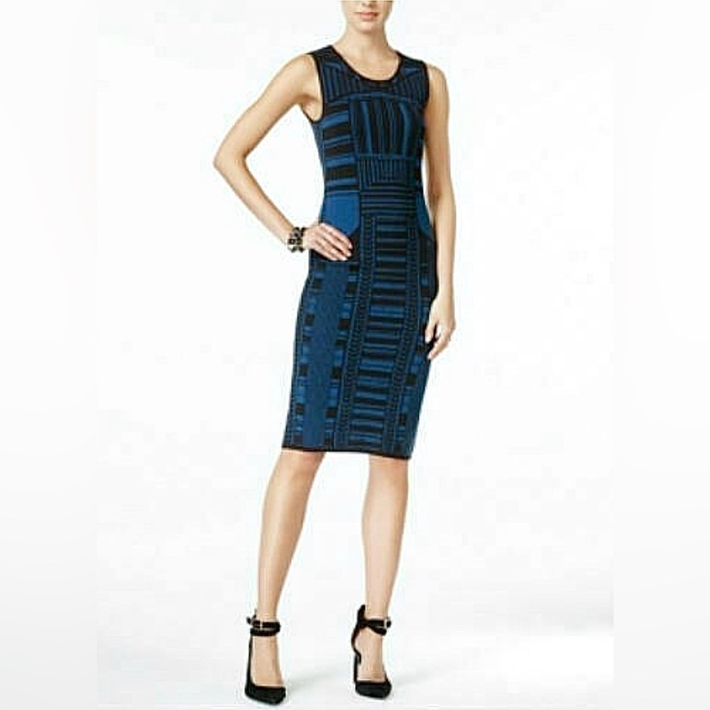 Bar III Navy and Black Intarsia Patterned Midi Sheath Dress